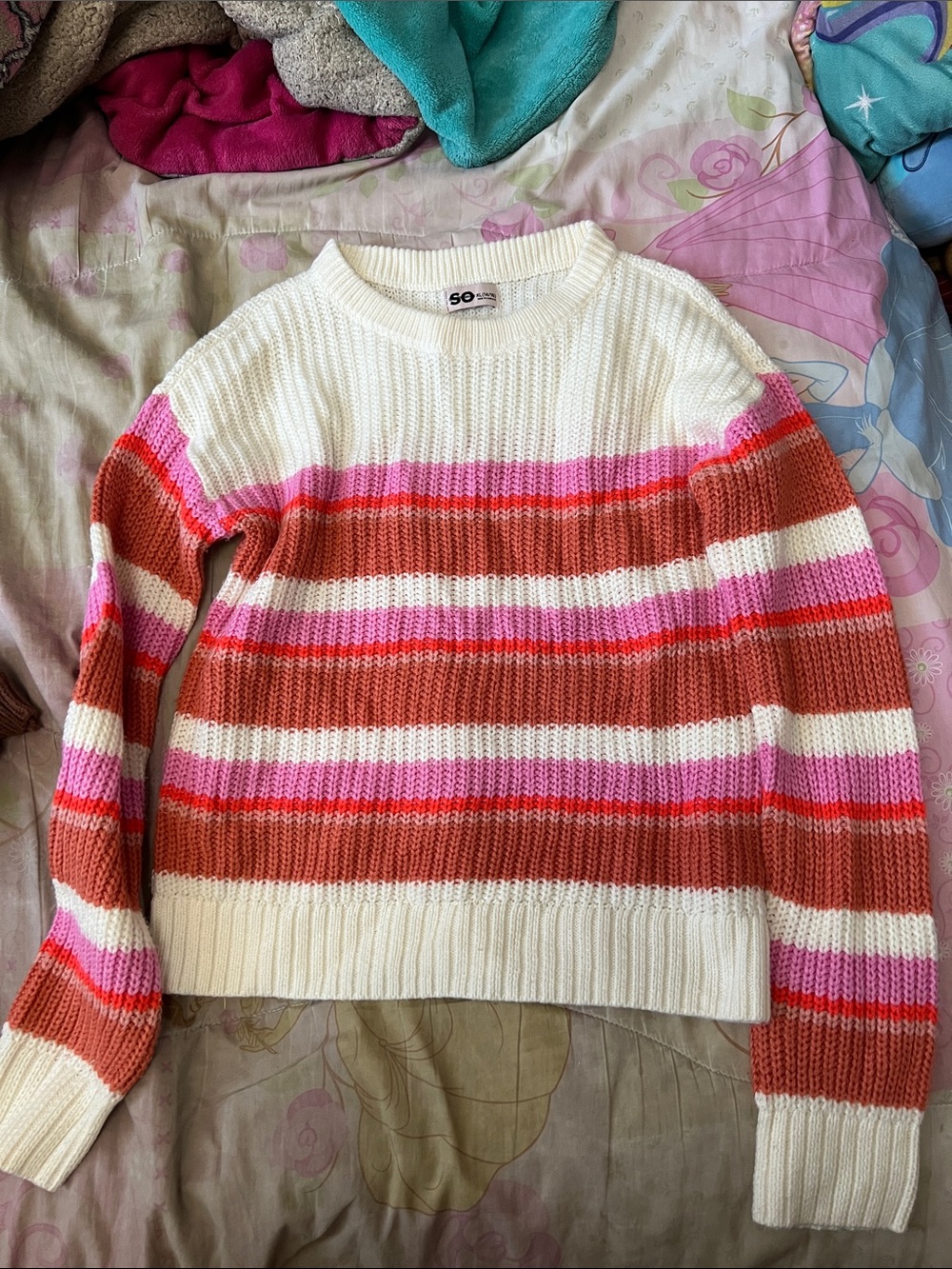 SO Cream, Rust, Pink & Hot Pink Striped Crewneck Sweater